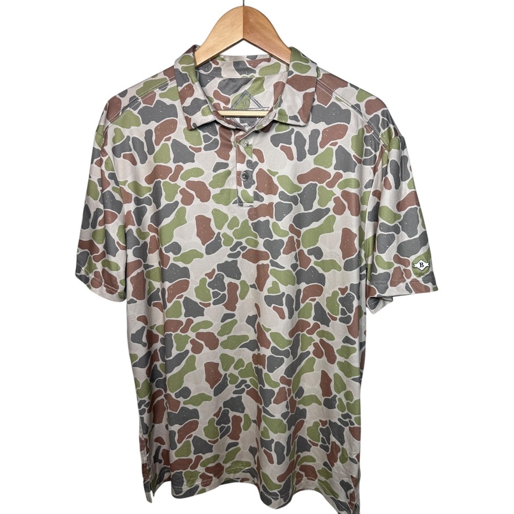 Burlebo Mens Performance Polo Shirt Sz L Duck Camo Short Sleeve Green Brown